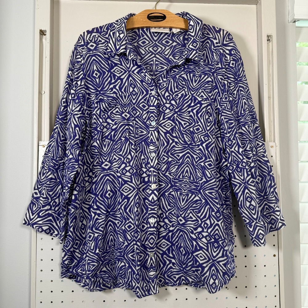 Chico's Blouse Women's Purple White Geometric Button Up Long Sleeve Top 2 Large